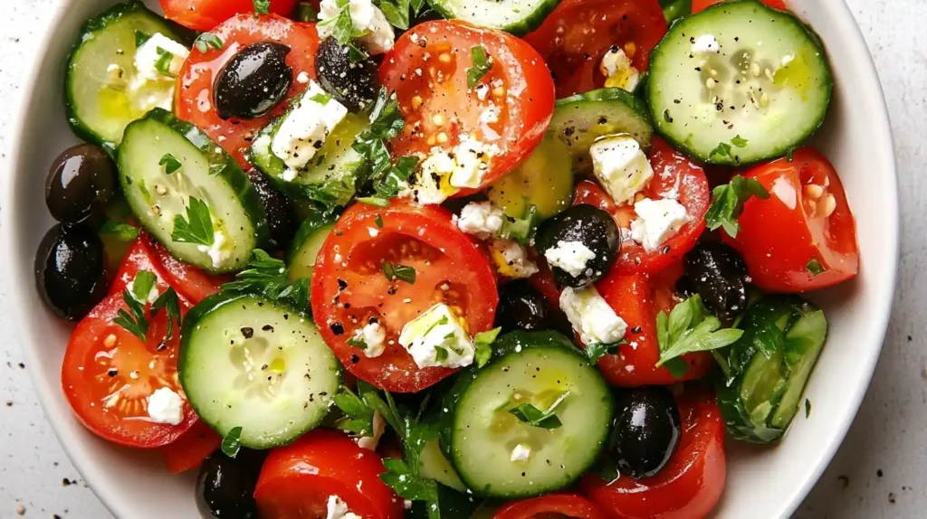 Top view of cucumber-tomato salad with feta cheese, black olives, parsley, and cracked pepper in a white bowl.