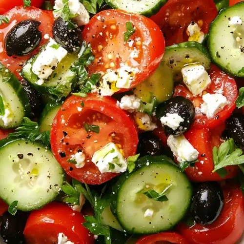 Top view of cucumber-tomato salad with feta cheese, black olives, parsley, and cracked pepper in a white bowl.