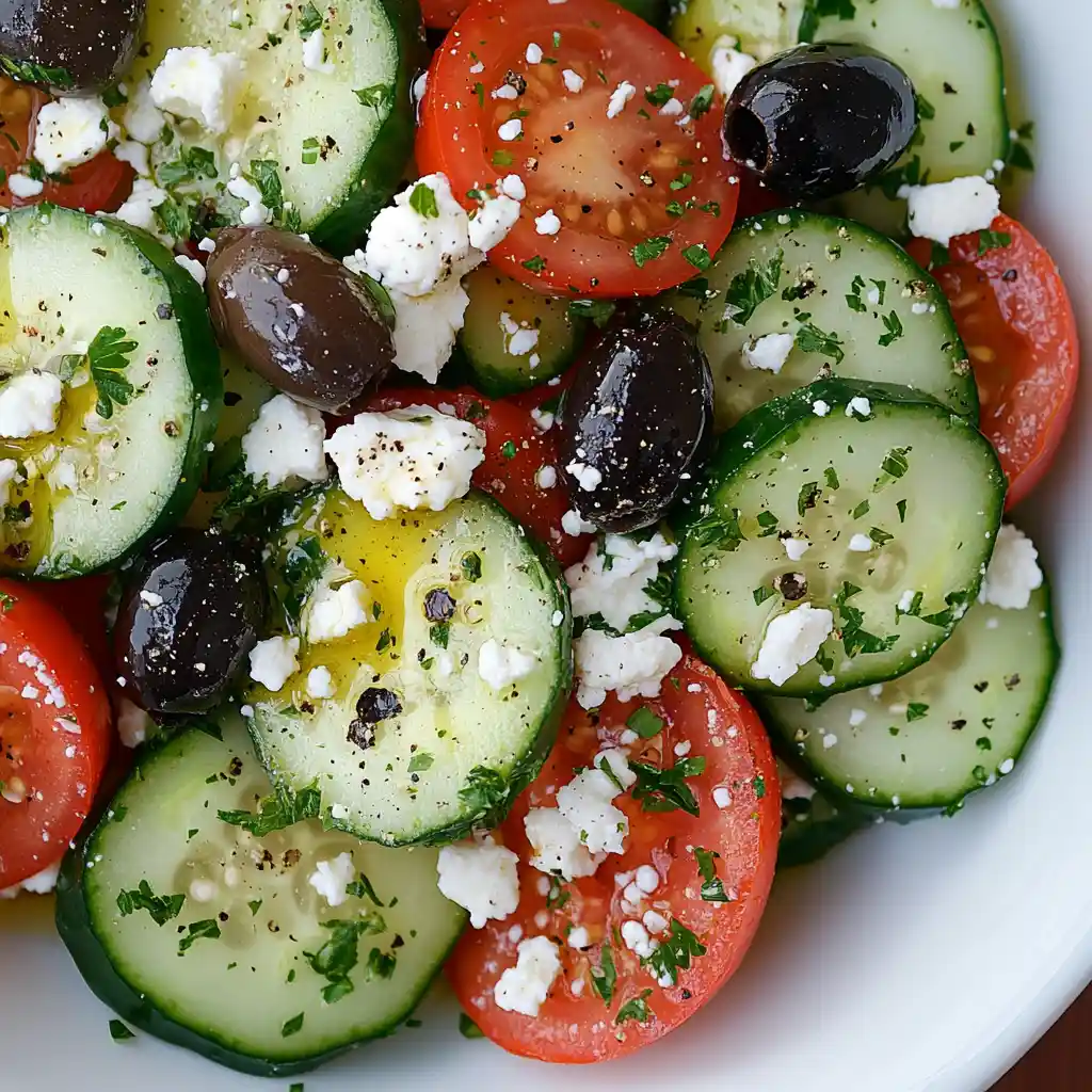 Side view of a cucumber-tomato salad with feta cheese, black olives, and chopped parsley in a white bowl.