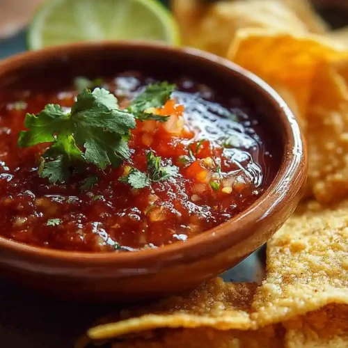 A bowl of restaurant-style salsa garnished with cilantro, served with crispy tortilla chips and a slice of lime.