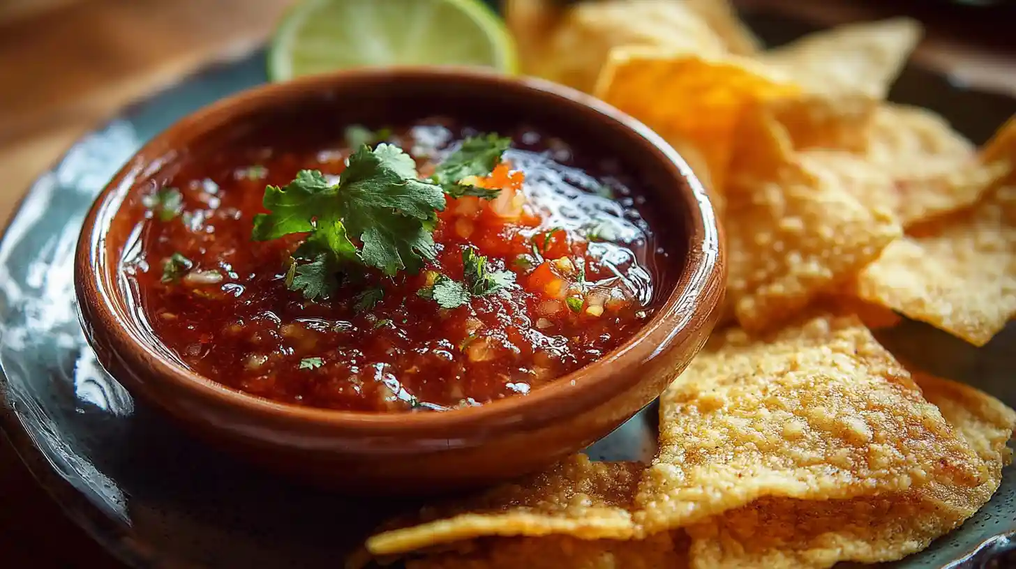 A bowl of restaurant-style salsa garnished with cilantro, served with crispy tortilla chips and a slice of lime.