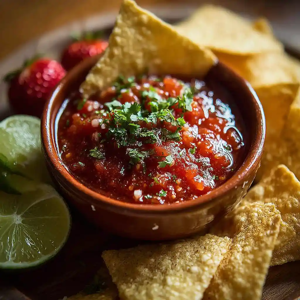Bowl of restaurant-style salsa garnished with cilantro, served with crispy tortilla chips on a ceramic plate.