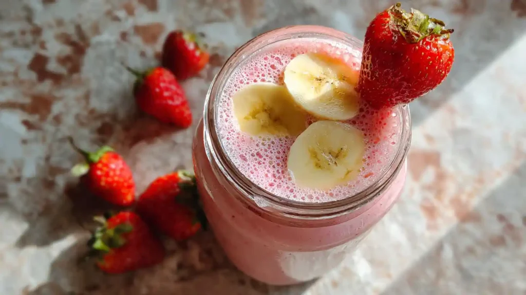 Strawberry banana smoothie in a mason jar topped with banana slices and a whole strawberry, with fresh strawberries scattered around.