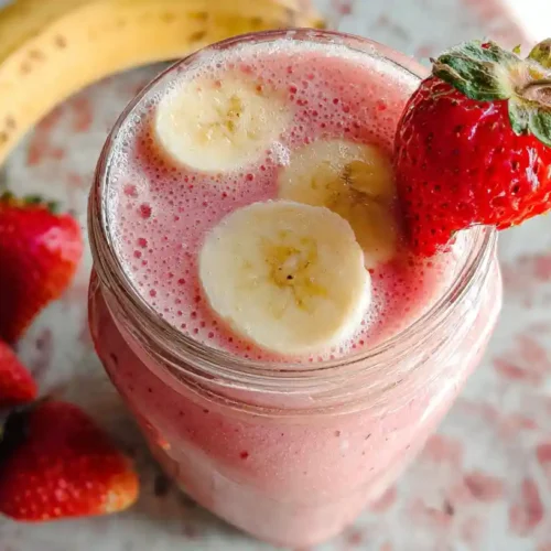 A glass of strawberry banana smoothie topped with banana slices and a fresh strawberry, with bananas and strawberries in the background.