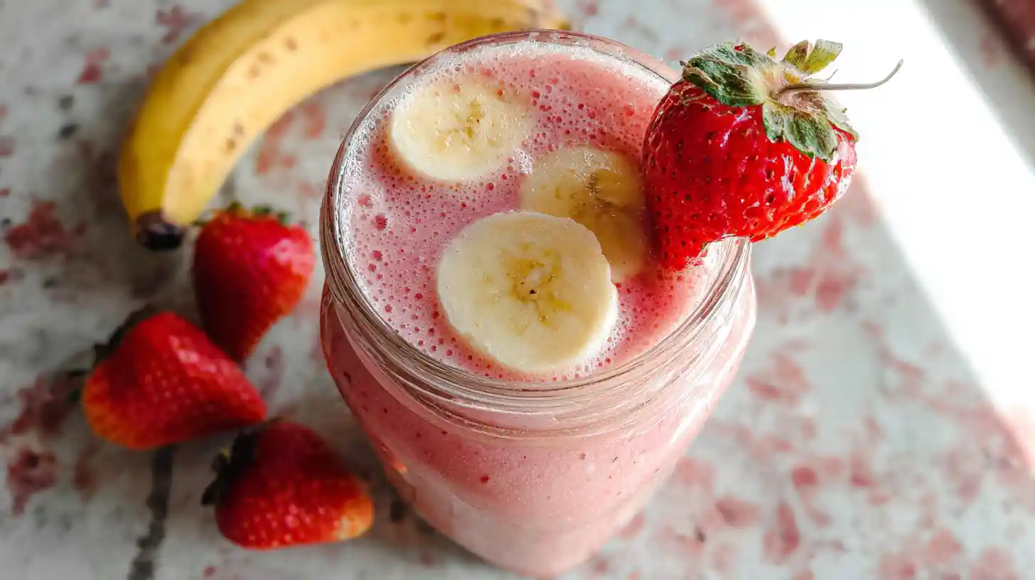 A glass of strawberry banana smoothie topped with banana slices and a fresh strawberry, with bananas and strawberries in the background.