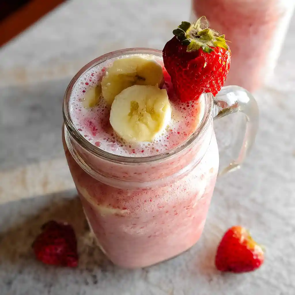 Strawberry banana smoothie in a mason jar mug, topped with banana slices and a whole strawberry, placed on a light marble surface.