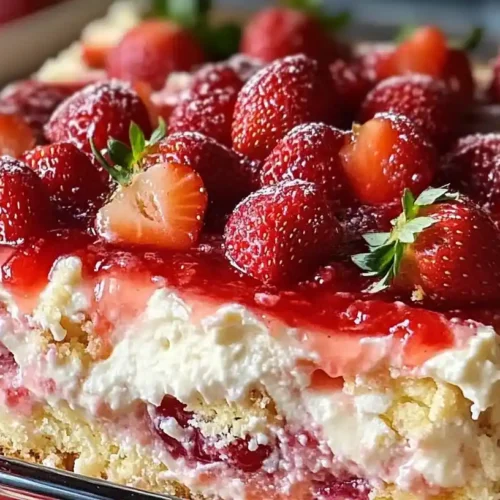 Close-up of a strawberry cheesecake dump cake topped with whole strawberries and a layer of strawberry glaze.