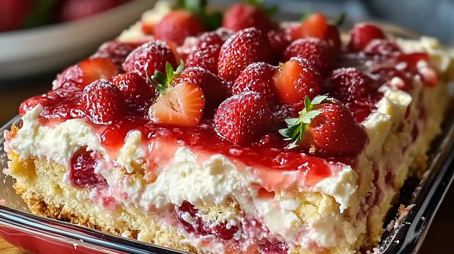 Close-up of a strawberry cheesecake dump cake topped with whole strawberries and a layer of strawberry glaze.