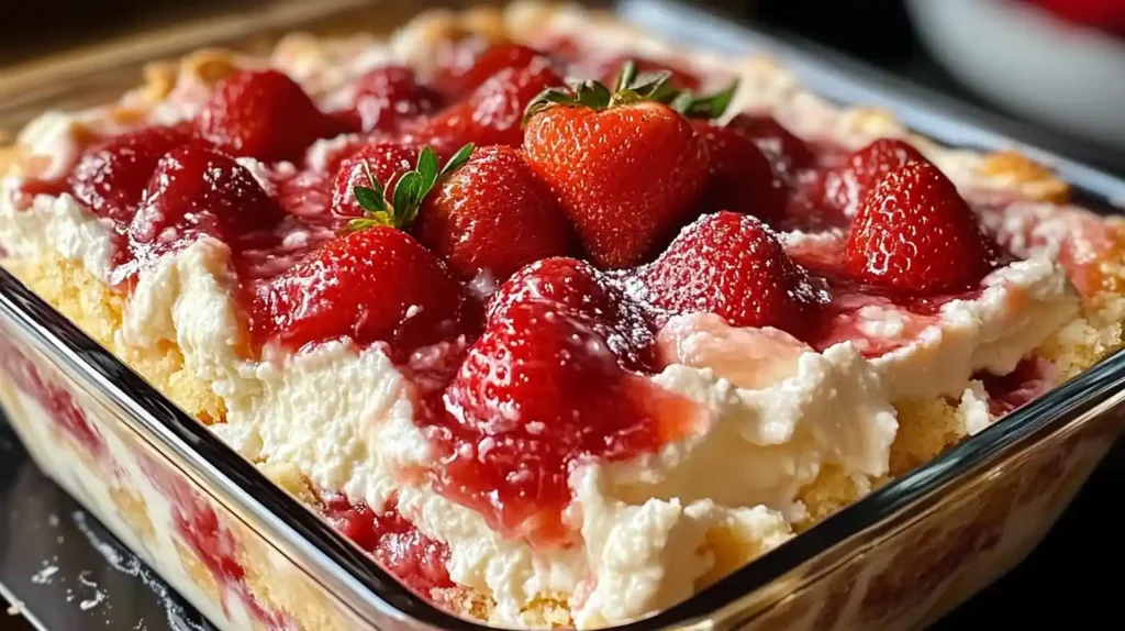 Glass dish filled with strawberry cheesecake dump cake topped with whole strawberries and glossy strawberry sauce.
