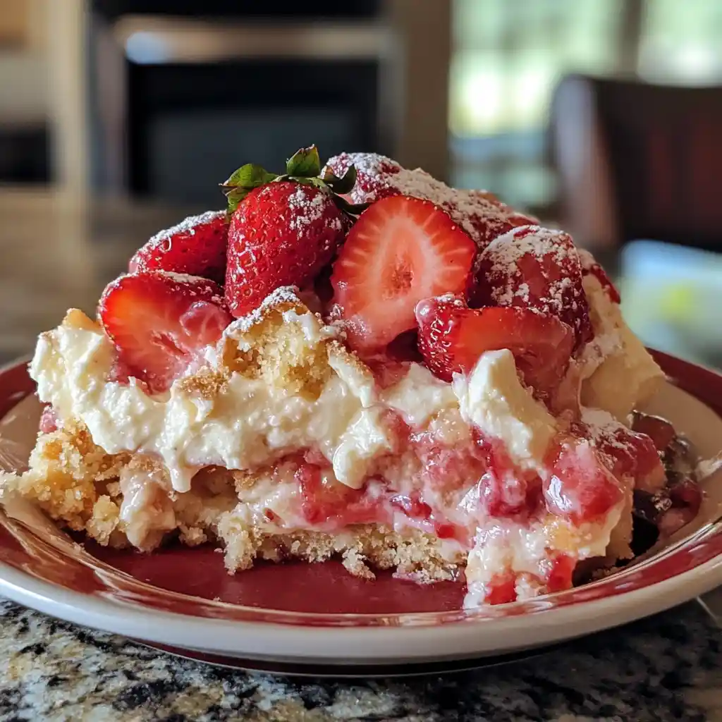 Slice of strawberry cheesecake dump cake on a plate with layers of cake, cream cheese, and fresh strawberries.