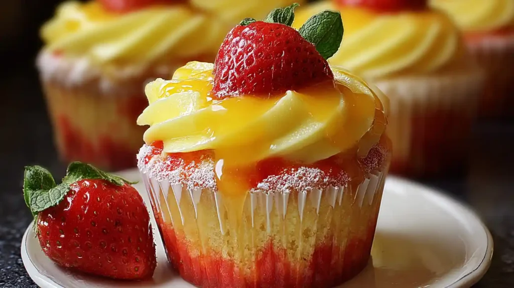 Strawberry Mango Cupcake topped with fresh strawberry and dripping mango glaze.