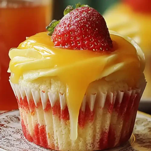 Strawberry Mango Cupcake topped with fresh strawberry and mango glaze.