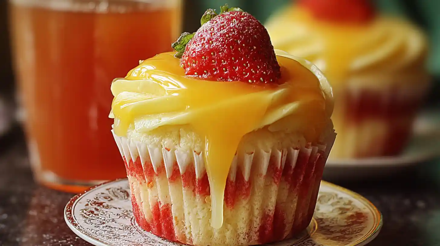 Strawberry Mango Cupcake topped with fresh strawberry and mango glaze.