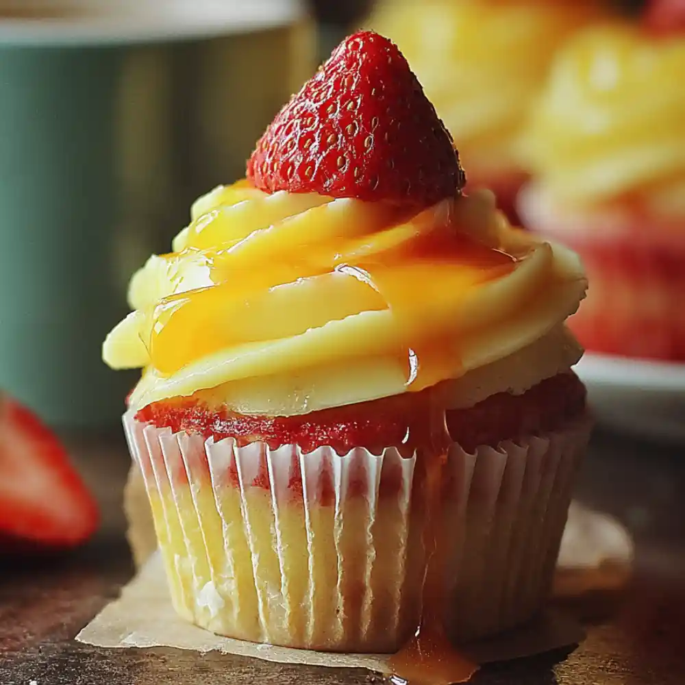 Strawberry Mango Cupcake with creamy mango frosting and fresh strawberry on top.