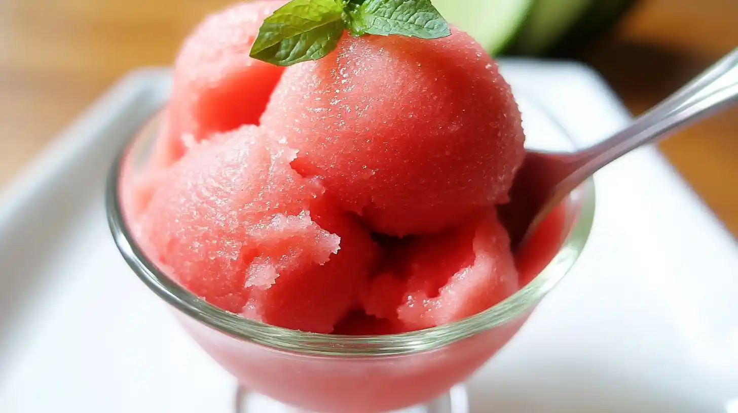 Refreshing watermelon sorbet in a glass, garnished with mint
