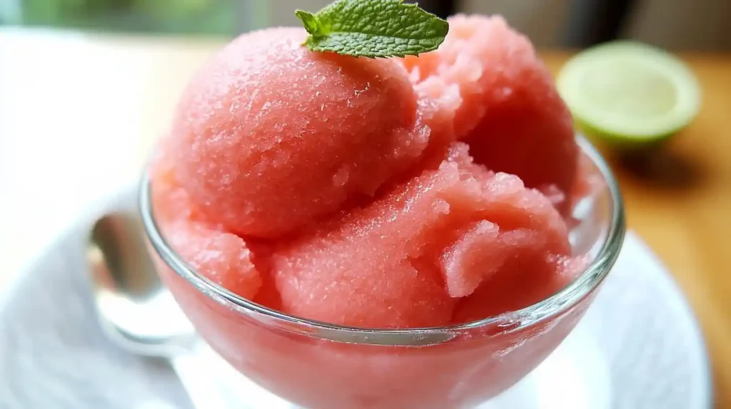 Homemade watermelon sorbet in a glass bowl with mint garnish