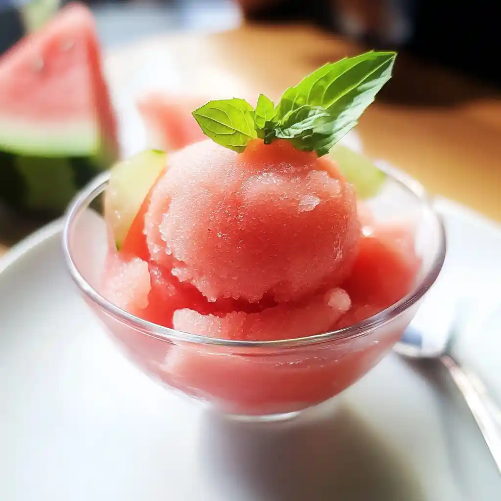 Fresh watermelon sorbet in a glass bowl with mint garnish
