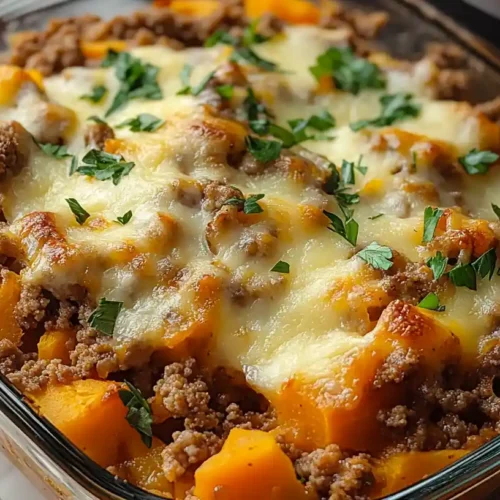 Ground turkey and sweet potato casserole topped with melted cheese and fresh herbs in a glass baking dish.