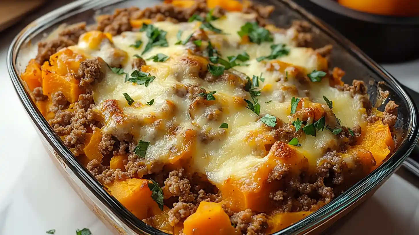 Ground turkey and sweet potato casserole topped with melted cheese and fresh herbs in a glass baking dish.