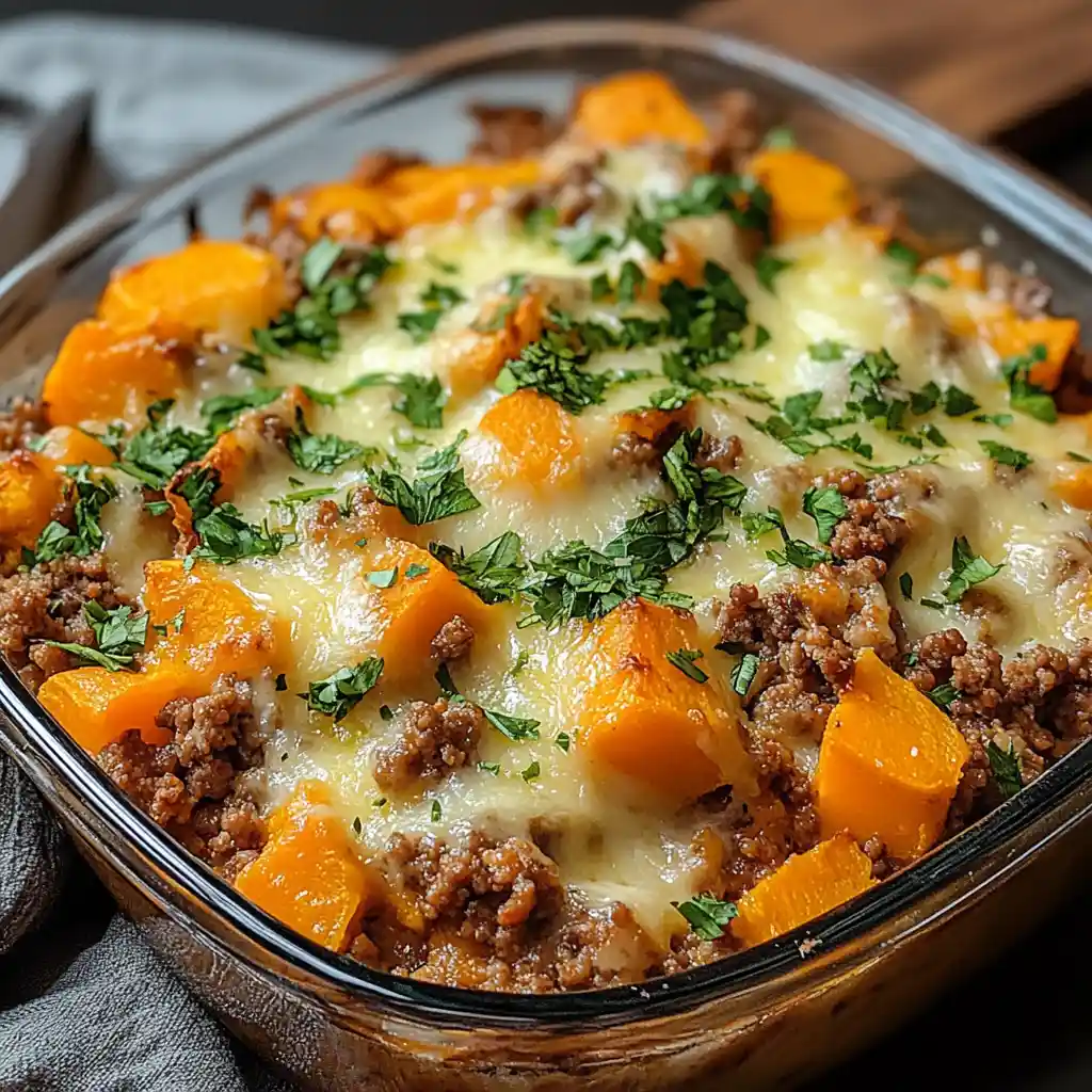 Baked ground turkey and sweet potato casserole topped with melted cheese and chopped parsley in a glass dish.