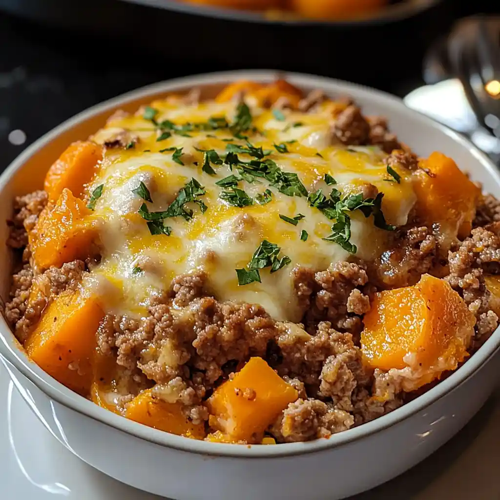 A serving of ground turkey sweet potato casserole topped with melted cheese and chopped herbs in a white bowl.