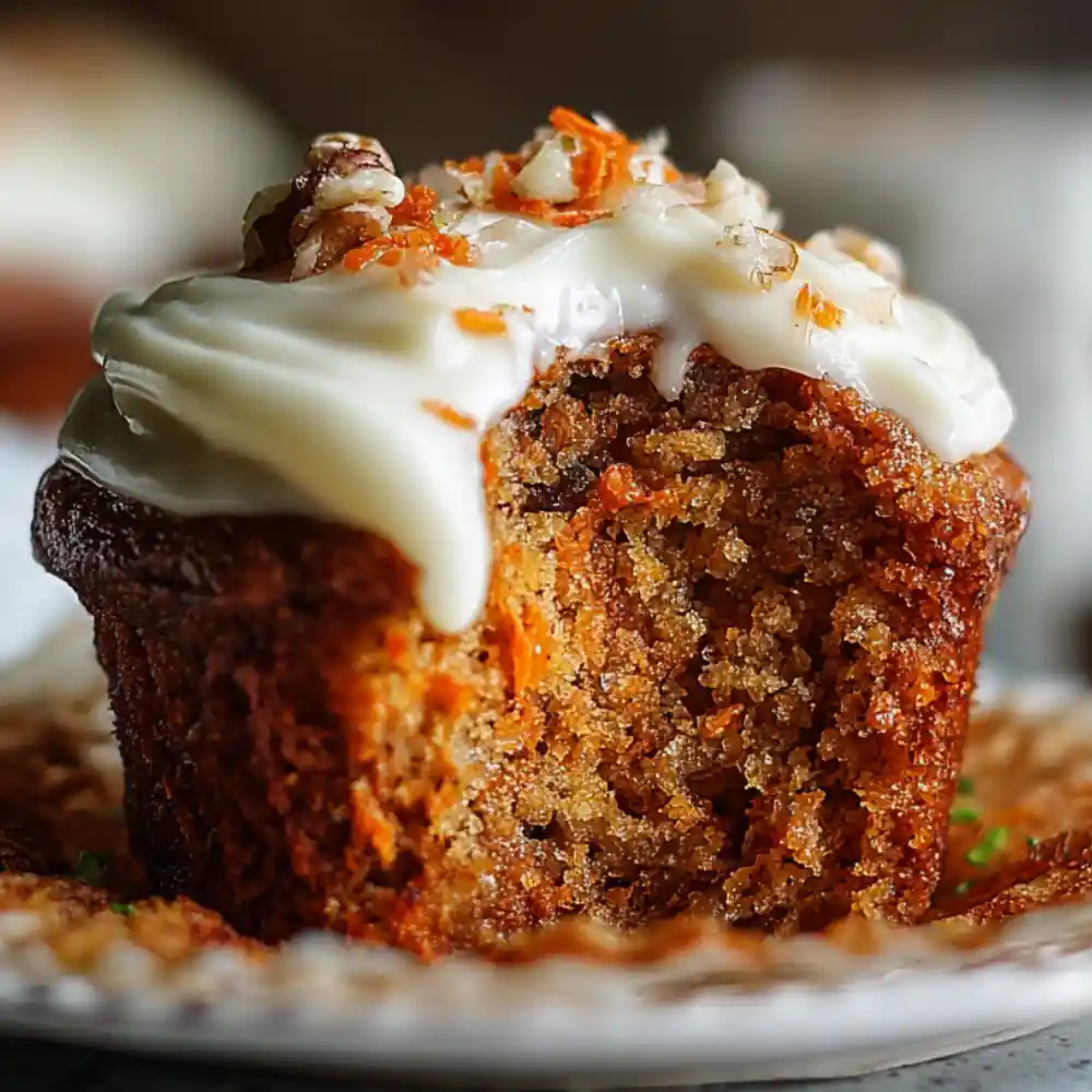 Close-up of a moist carrot cake muffin with cream cheese frosting and chopped nuts, with a bite taken out to reveal the texture.