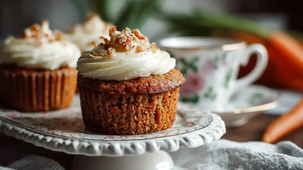 Carrot cake muffin topped with swirled cream cheese frosting and chopped nuts, served on a decorative floral plate.