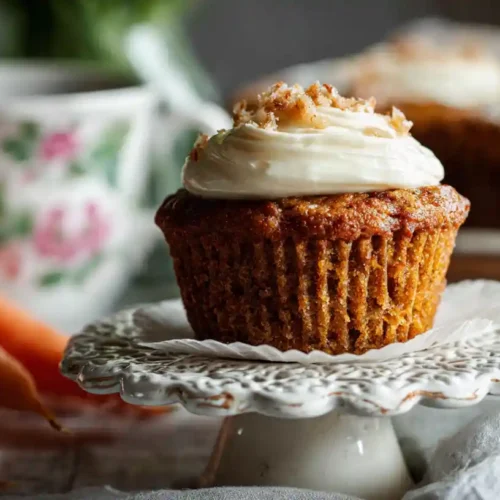 Carrot cake muffin topped with cream cheese frosting and chopped nuts, displayed on a decorative white stand.