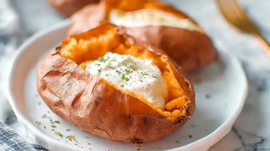 Baked sweet potato made in air fryer topped with butter, herbs, and cinnamon on a white plate