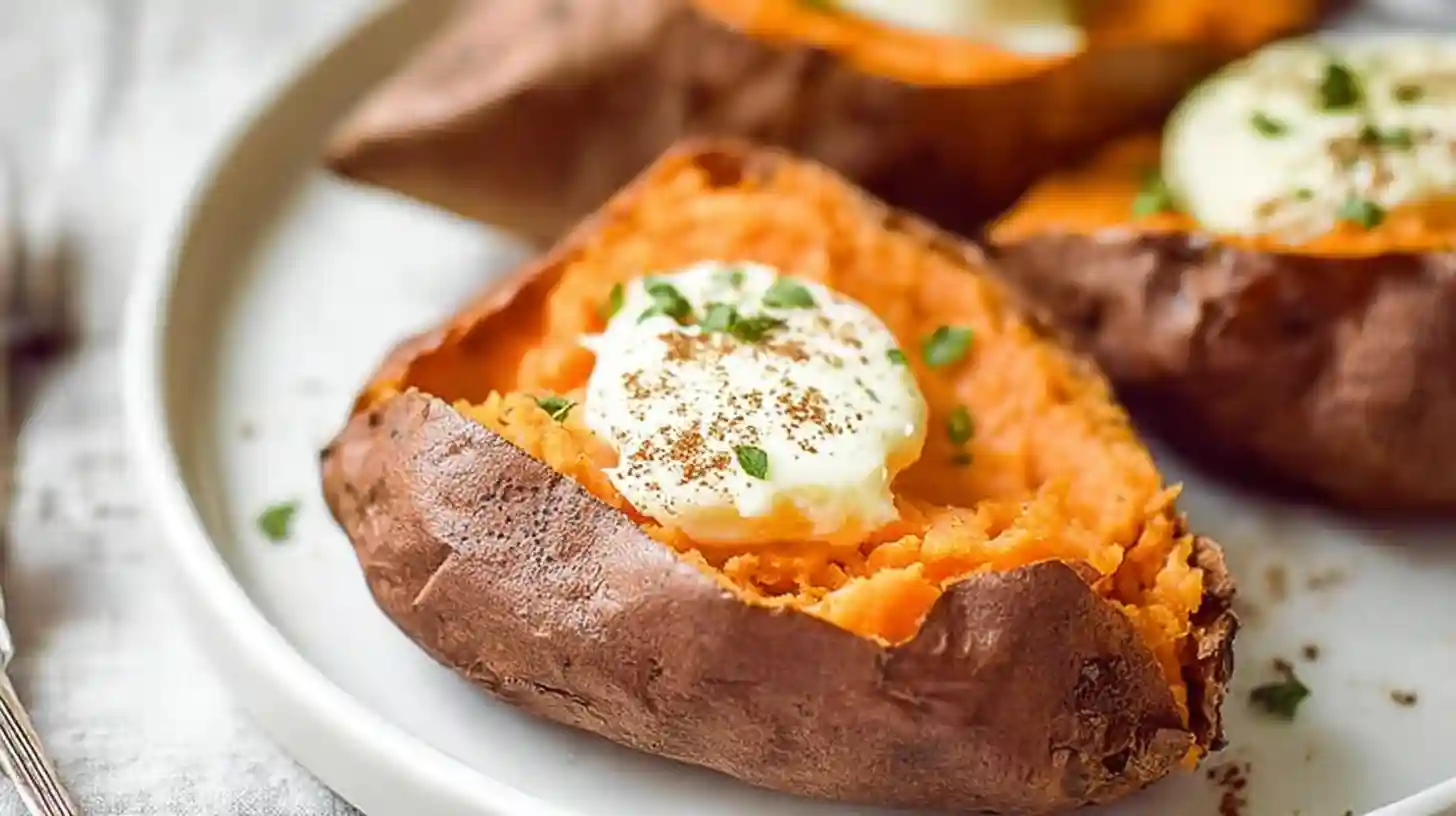 Air fryer sweet potato with crispy skin and creamy topping on a white plate