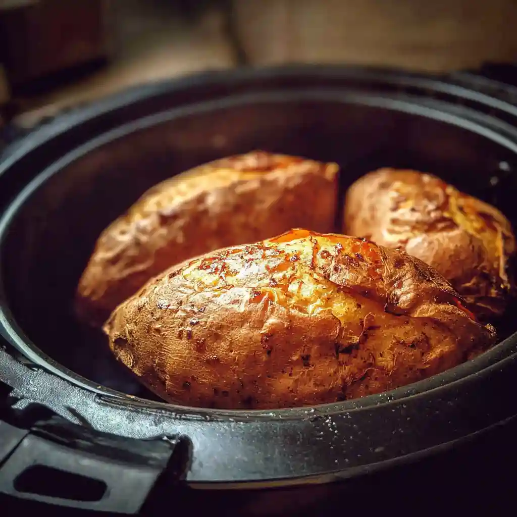 Crispy baked sweet potatoes in an air fryer basket after cooking