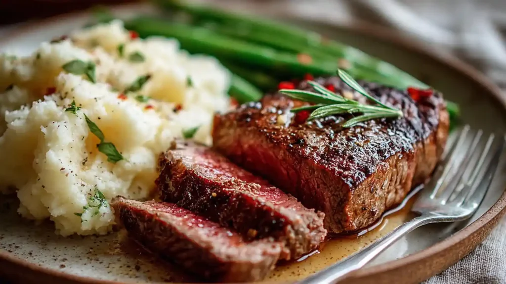 Juicy air fryer steak served with mashed potatoes and green beans on a rustic plate.