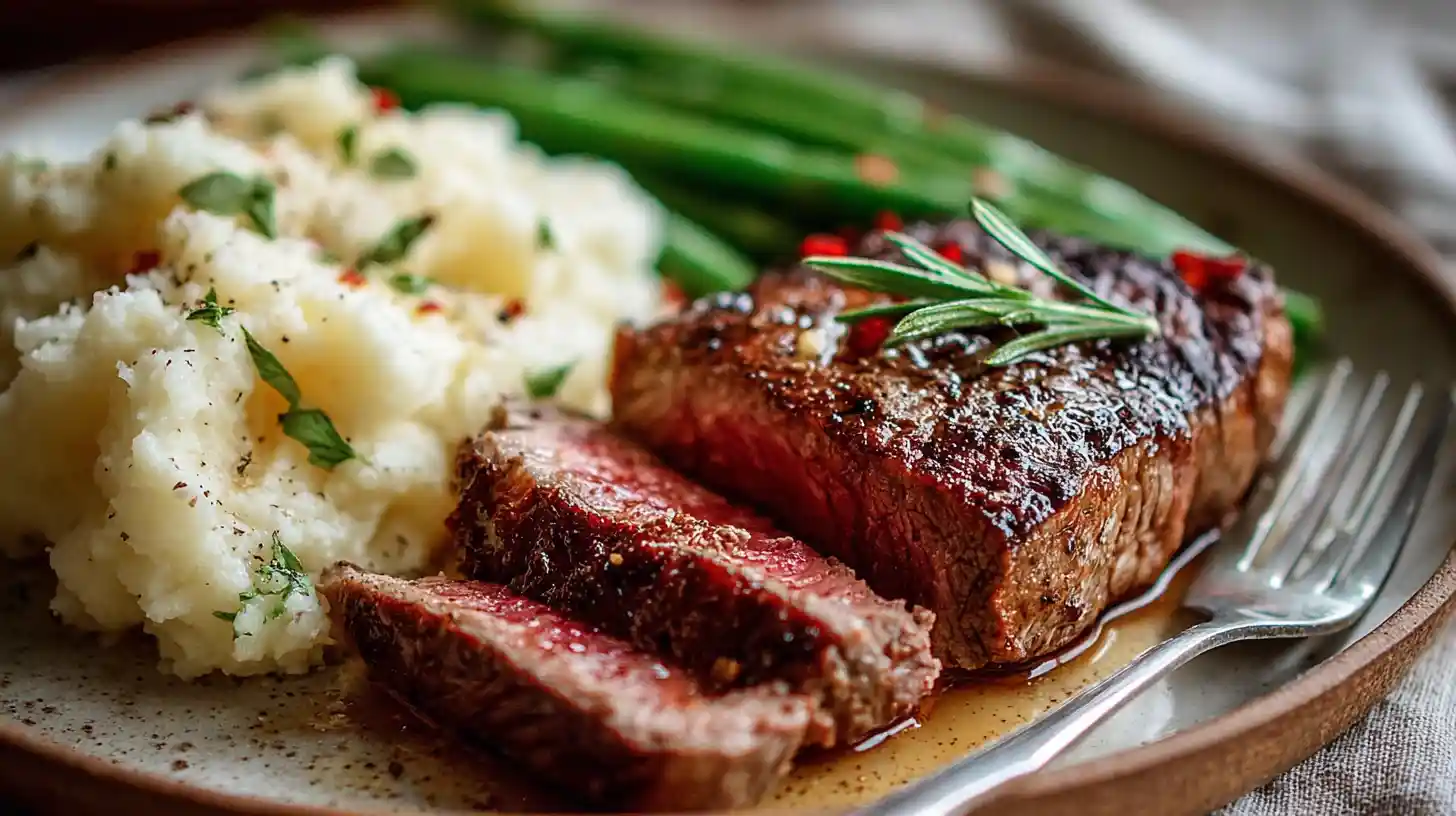 Juicy air fryer steak served with mashed potatoes and green beans on a rustic plate.