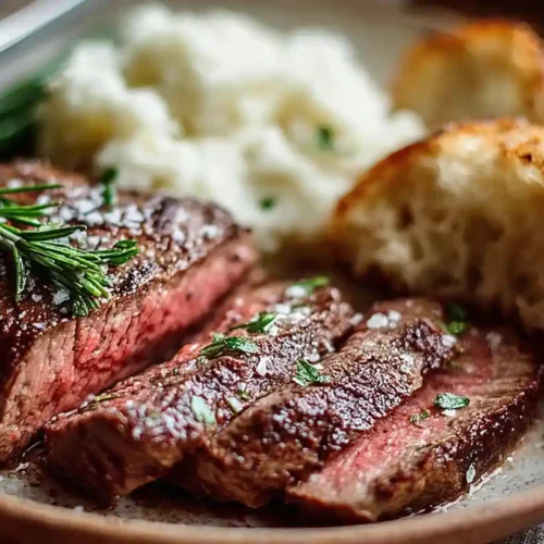 Sliced air fryer steak served with mashed potatoes, green beans, and crusty bread on a ceramic plate.