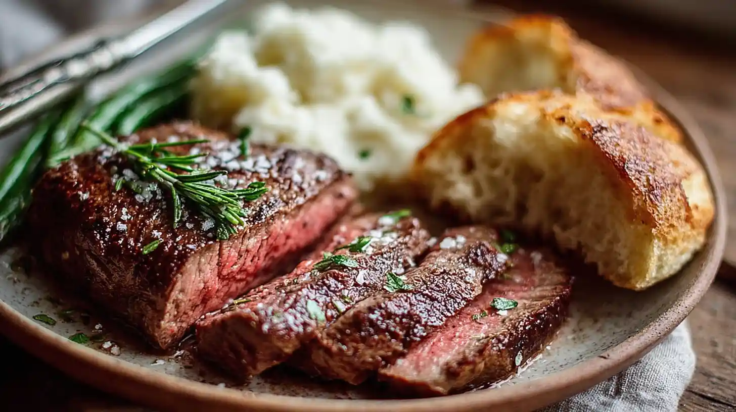 Sliced air fryer steak served with mashed potatoes, green beans, and crusty bread on a ceramic plate.