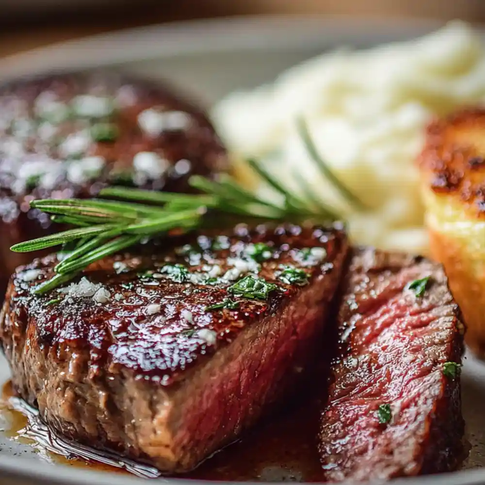 Close-up of sliced air fryer steak garnished with rosemary, served with mashed potatoes and toasted bread.
