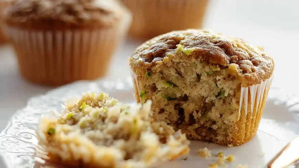 A banana zucchini muffin with a bite taken, showing a fluffy interior with green zucchini flecks, on a white plate.