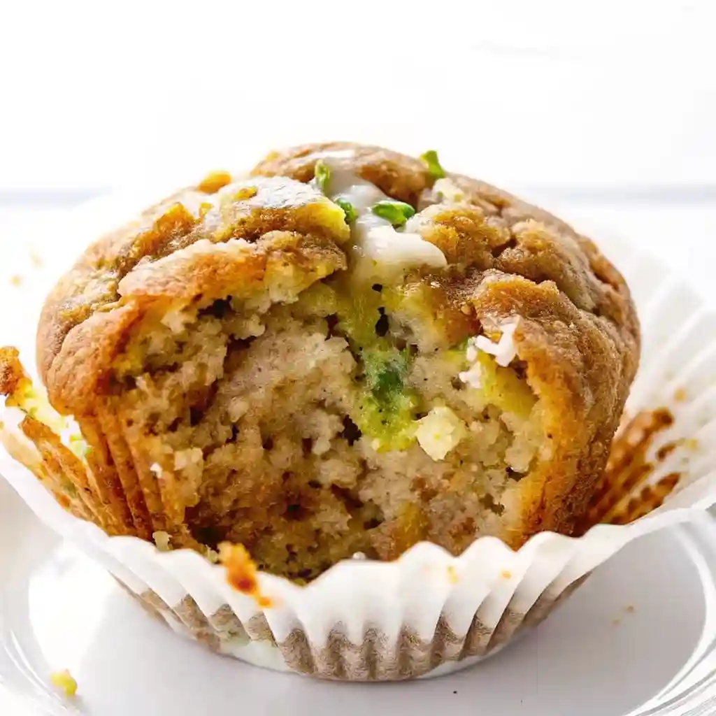 Close-up of a banana zucchini muffin with a bite taken, revealing a soft, moist crumb and green zucchini flecks.