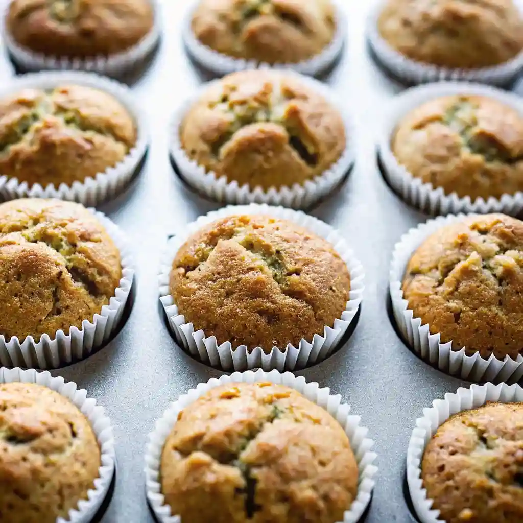 Freshly baked banana zucchini muffins in white paper liners arranged in a metal muffin tin.