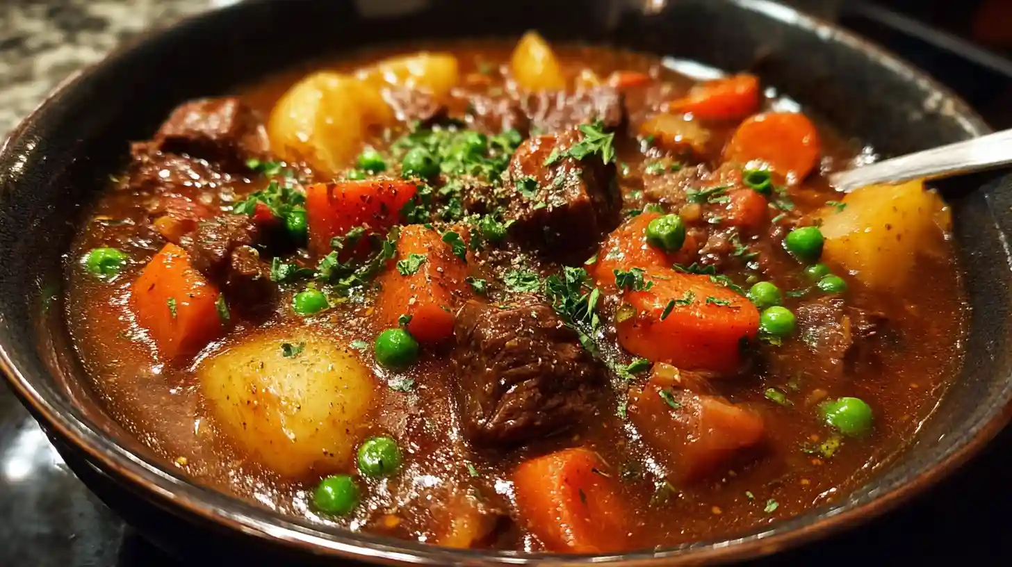 Hearty beef stew with chunks of beef, potatoes, carrots, peas, and herbs in a rich brown broth.