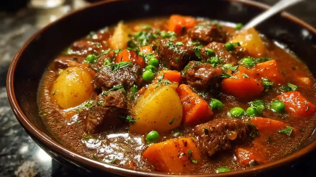 Bowl of beef stew with chunks of beef, potatoes, carrots, peas, and herbs in a rich brown broth.