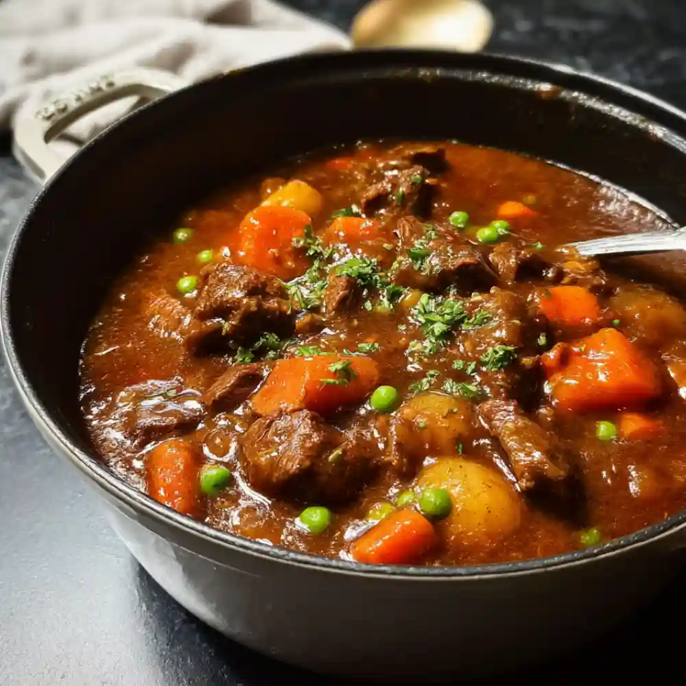 Dutch oven filled with beef stew containing beef chunks, carrots, potatoes, peas, and fresh herbs.