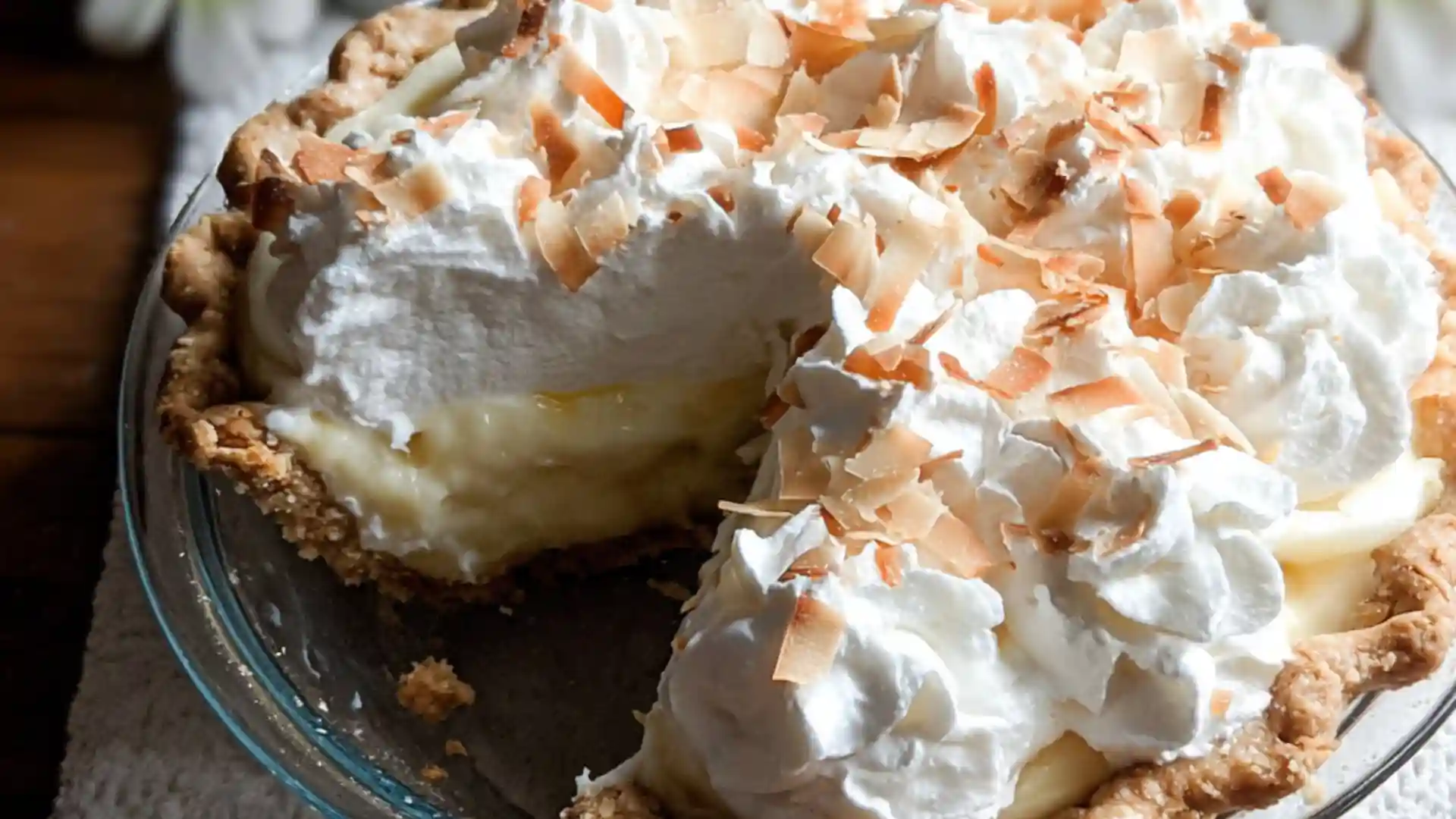 Homemade coconut cream pie with flaky crust, creamy filling, whipped topping, and toasted coconut flakes.