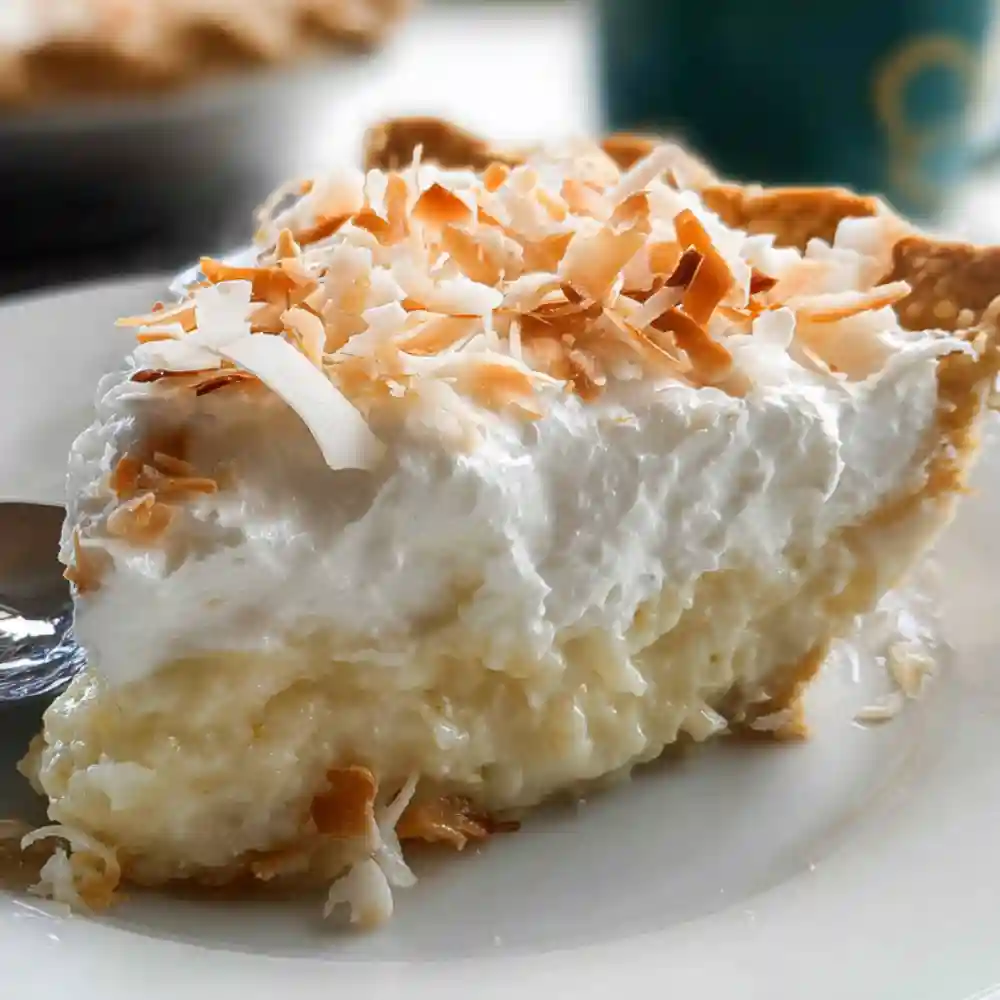 A slice of coconut cream pie topped with whipped cream and toasted coconut flakes on a white plate.