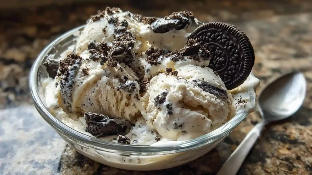 Homemade cookies and cream ice cream with Oreo chunks in a glass bowl