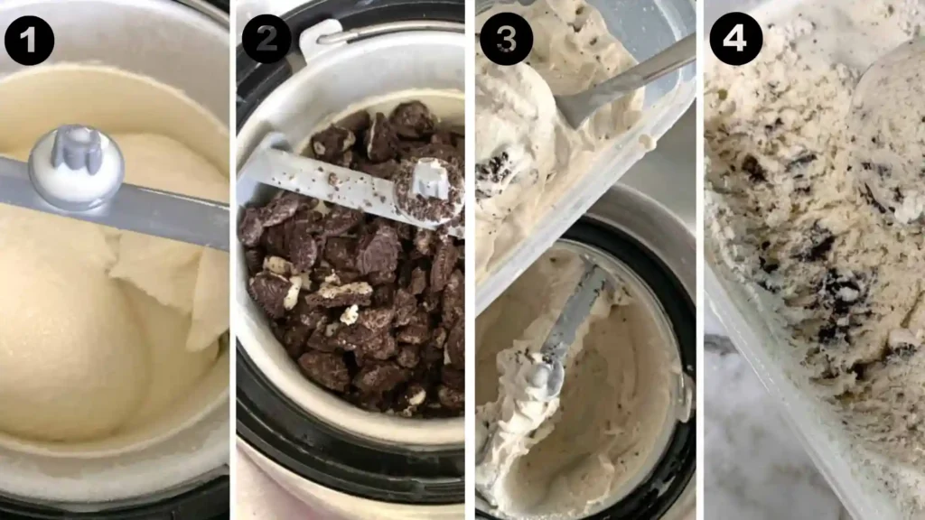 Step-by-step process of making cookies and cream ice cream with crushed Oreo cookies in an ice cream maker