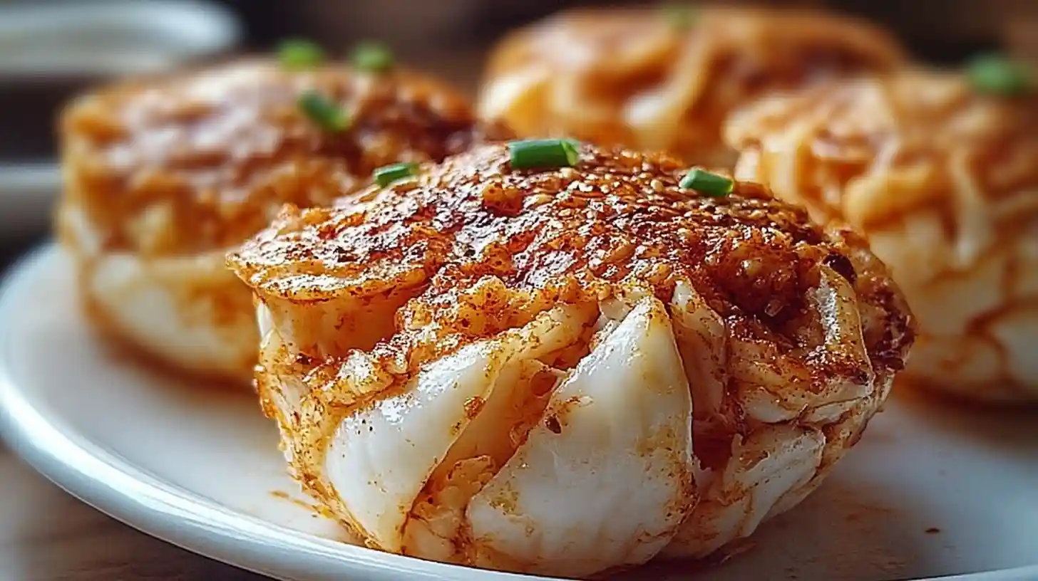 Plate of golden-baked Crab Bombs topped with seasoning and garnished with fresh chives.