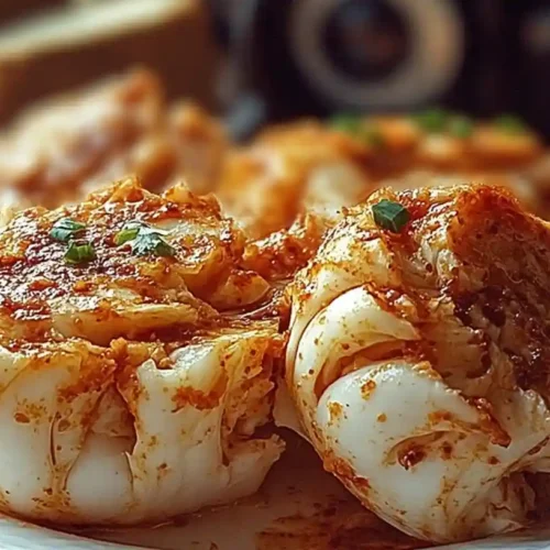 Close-up of Crab Bombs on a white plate, one split open to reveal tender crab meat and seasoned filling.