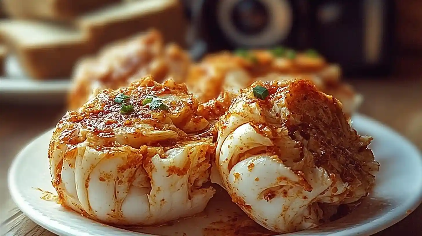 Close-up of Crab Bombs on a white plate, one split open to reveal tender crab meat and seasoned filling.
