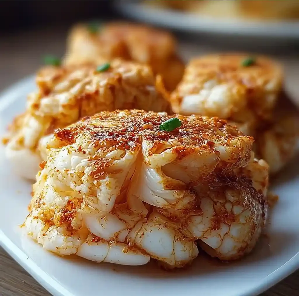 Close-up of baked Crab Bombs topped with Old Bay seasoning and chopped chives on a white plate.